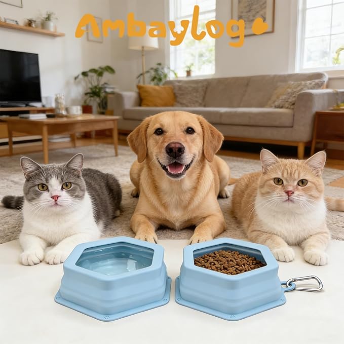 1-Pack Collapsible Pet Water Bowl, Spill Proof No Splash Dog Travel Bowl with Carabiner, Silicone Bowl for Hiking Camping Walking Road Trips, BPA Free Dishwasher Safe, 24oz Morandi Blue