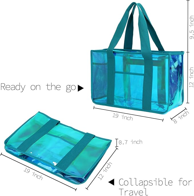 Iridescent Clear Beach Bag for Women, Large Pool Tote Cruise Vacation Essentials - Waterproof, Zipper Closure