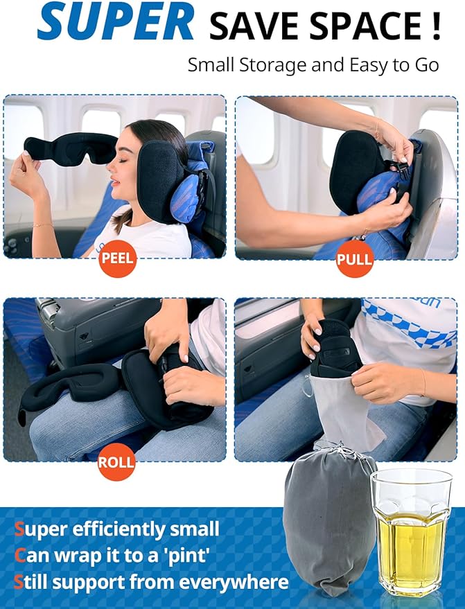 Travel Pillow, Upgrade Airplane Pillow for Long Flight, 360° Support Headrest, Travel Neck Pillow Eye Masks for Sleep, Compact Airplane Travel Essentials, Stop Bobblehead, Mottled Blue