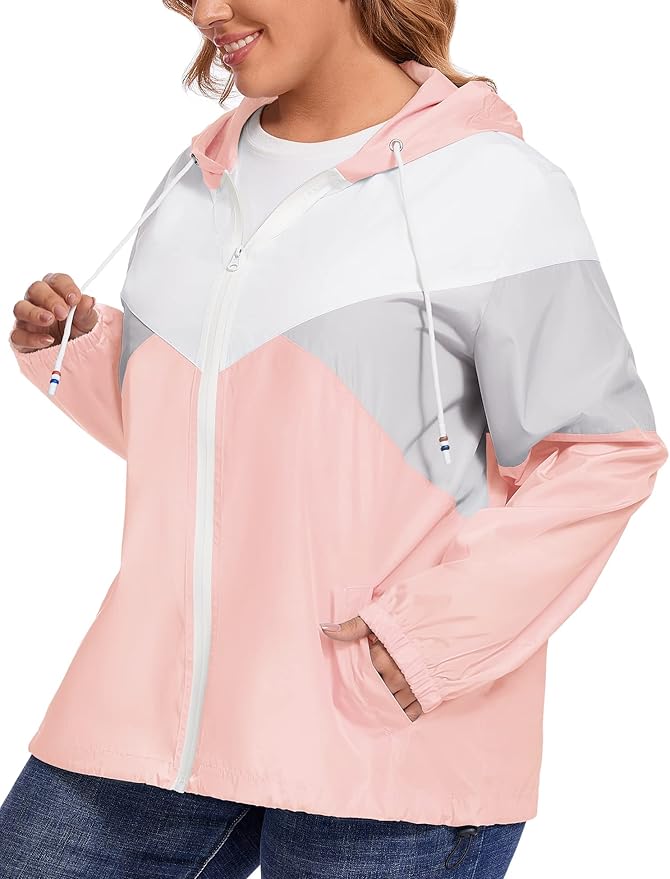 Avoogue Plus Size Raincoat Women Waterproof Rain Jacket Packable Outdoor Hooded Windbreaker