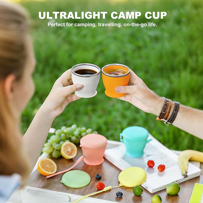 Collapsible Travel Cup, BPA-Free Reusable Water Cup, Lightweight Drinking Cups with Lids and Carrying Strap, Dishwasher Safe Silicone Cups for Camping, Travel, Airports, Hotel (6.7oz, Orange)