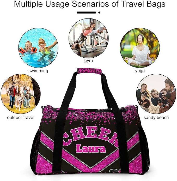 Personalized Cheer Bag Gifts for Girls Sport Cheerleading Gym Travel Duffel Bag Overnight Weekender Bags with Name (Rose Pink)