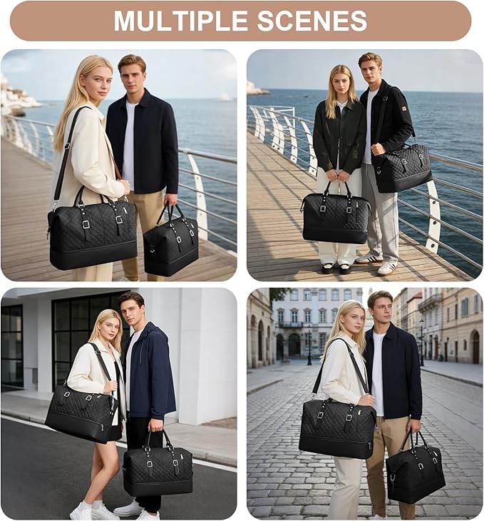 Travel Duffel Bag, Weekender Overnight Bag for Women with Trolley Sleeve, Carry On Bag for Airplanes Sport Tote Gym Bag with Shoes Compartment.(Black)