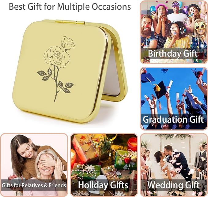 Small Compact Mirror, Gold Square 2.8”×2.8” Metal Frame Double Sided 1X/2X Mirror for Purse Can be Used as Gifts for Women Mothers Wife(Gd02)