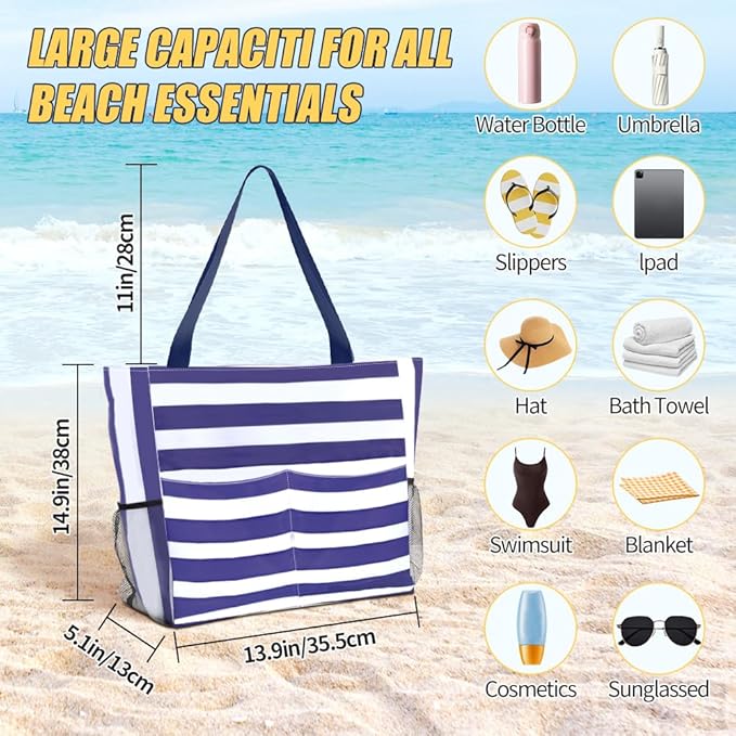 Large Beach Bag, Waterproof Sandproof Beach Tote Bag for Women, Lightweight Swim Pool Bag with Zipper Wet Pocket for Pool Gym Grocery Travel Vacation Weekender