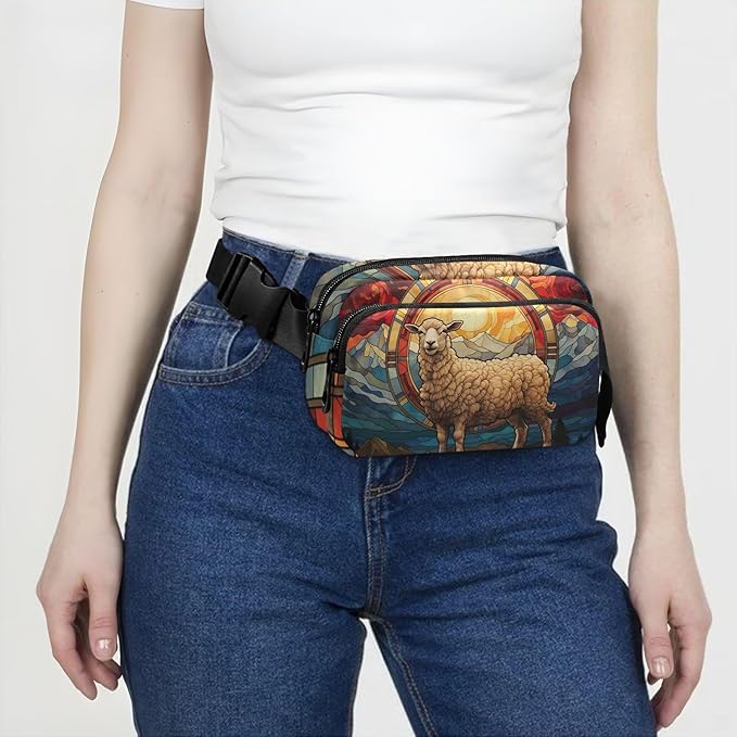 Stained Glass Printed Lamb Fanny Pack for Women Men Water Resistant Fashion Waist Packs with Adjustable Strap Belt Bag for Travel Workout Jogging Hiking 21219670