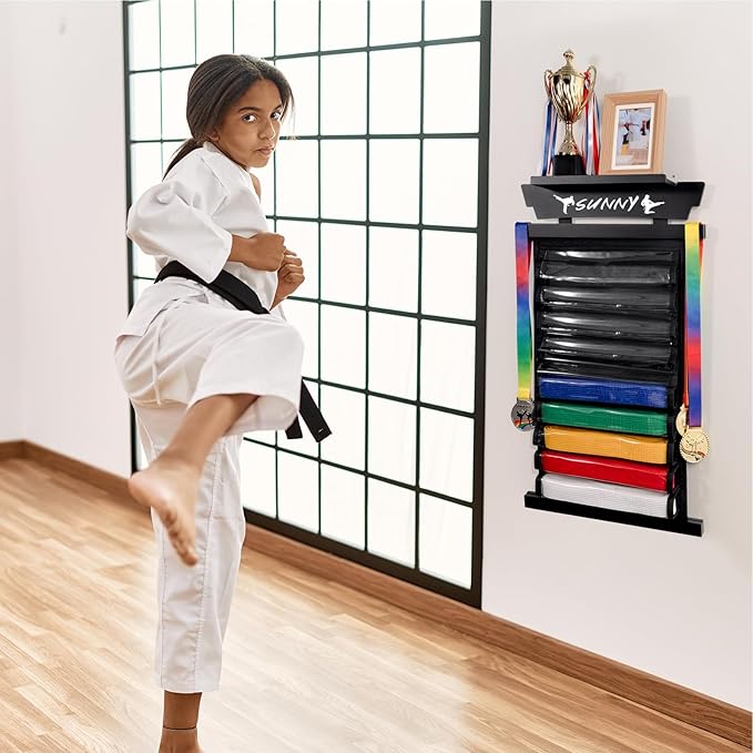 Tilhumt 10/12 Belts Karate Belt Display Rack with Photo Shelf, Felt Taekwondo Belt Display Rack Martial Arts Belt Display for Adults TKD, BJJ