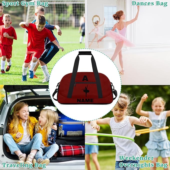Personalize-Kids-Sports-Duffel-Bags With Custom Name Text Carry-On Overnight Travel Gym Lightweight Dance Pattern Sports Bags For Girls Boys Kids,Red