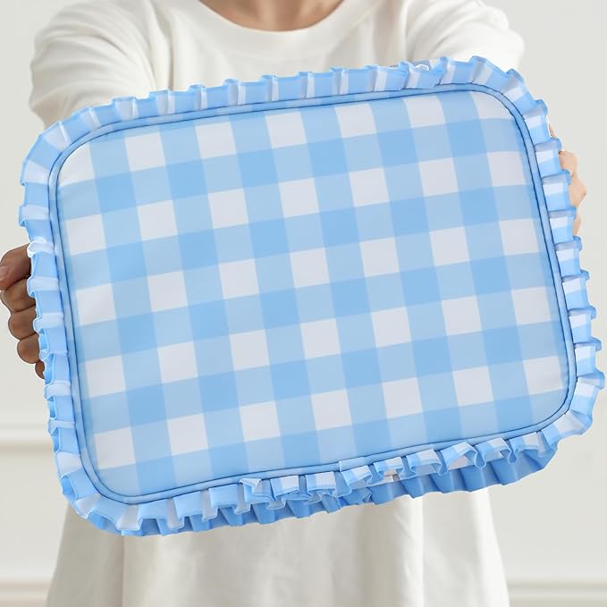 Gingham Ruffle Makeup Bag,Large Travel Cute Cosmetic Bag for Women Girls,Toiletry Bag Make up Organizer 11.8 x 4.7 x 9 inch (Blue Gingham)