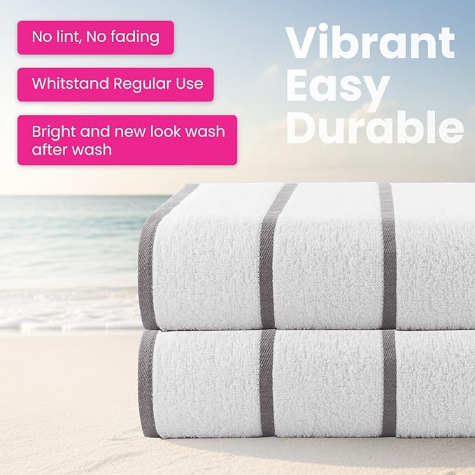 CASA COPENHAGEN Cabana Pool 4Pcs 100% Egyptian Cotton Large Designer Beach Towels Gift Set- White Grey, 500GSM, 55"x27", 4 Beach Bath Towels (Box Pack, Set for Women & Men)