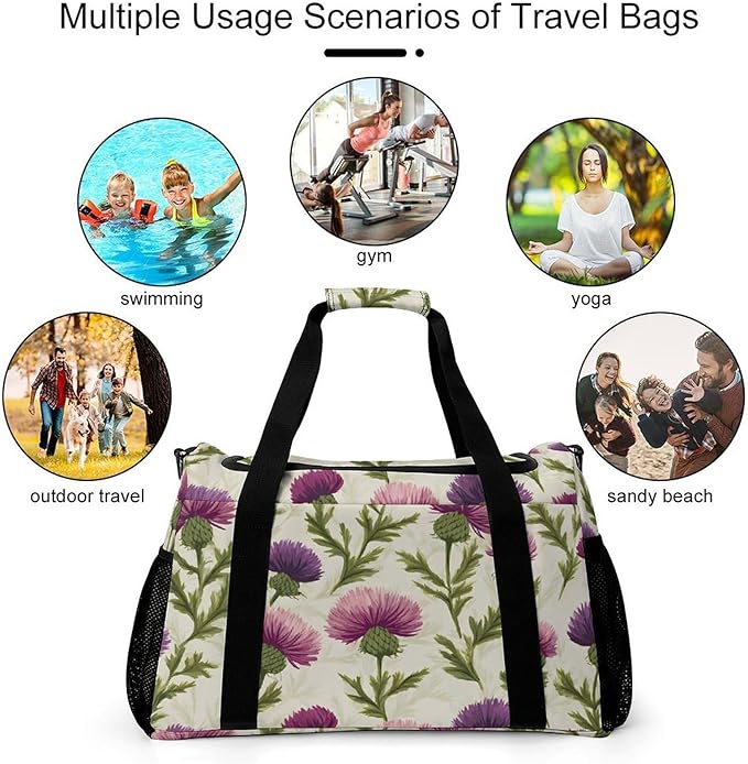 Scottish Thistles Flower Duffle Bag Gym Bag for Workout Travel Tote with Detachable Straps