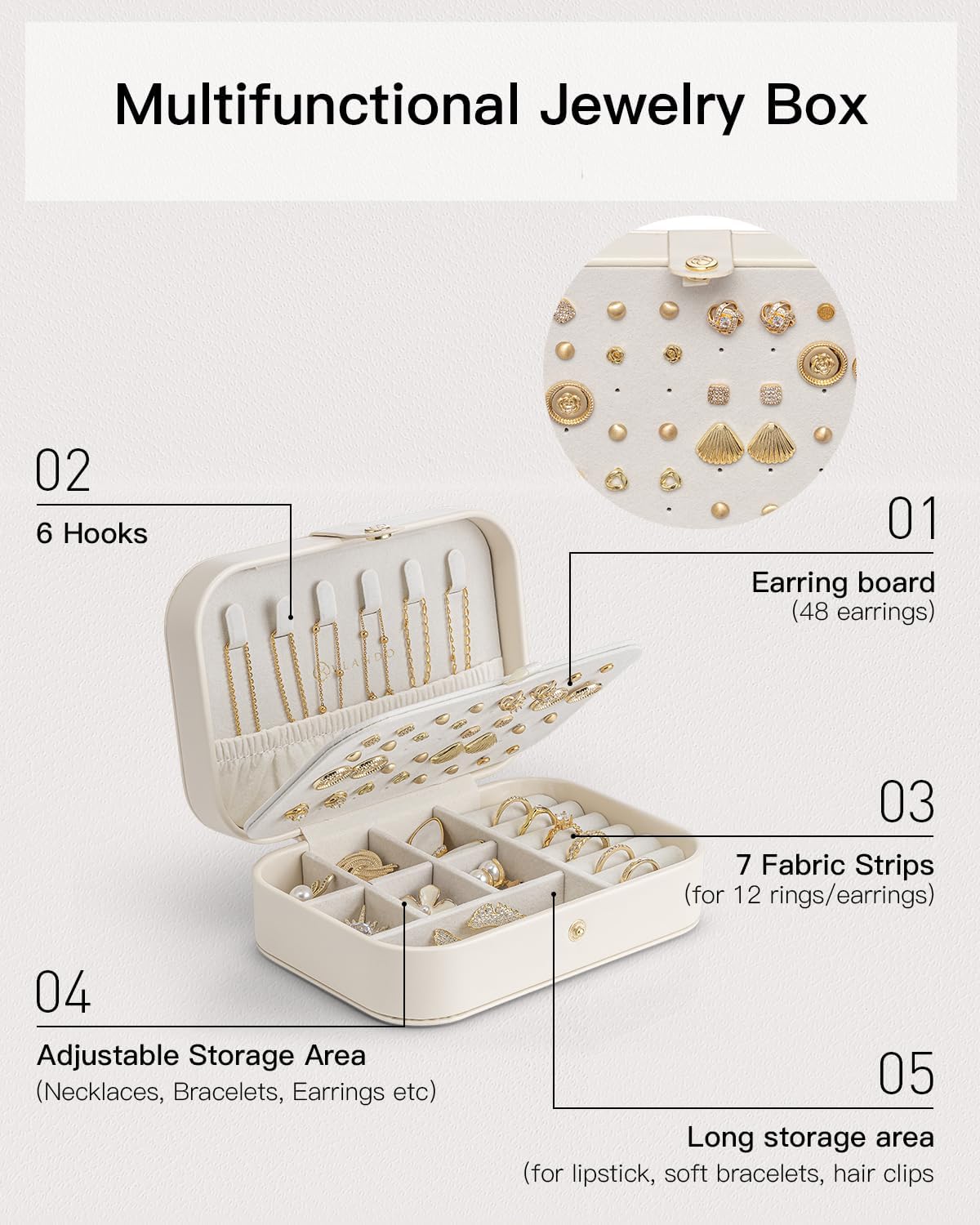 Vlando Travel Jewelry Case for Women Girls Mothers, PU Leather Small Mini Jewelry Box for Rings, Necklaces, Bracelets, Earring Holder Organizer Storage for Travel Accessories, Bridesmaid Gifts - Beige