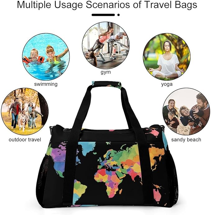 Colorful World Map Duffle Bag Gym Bag for Workout Travel Tote with Detachable Straps