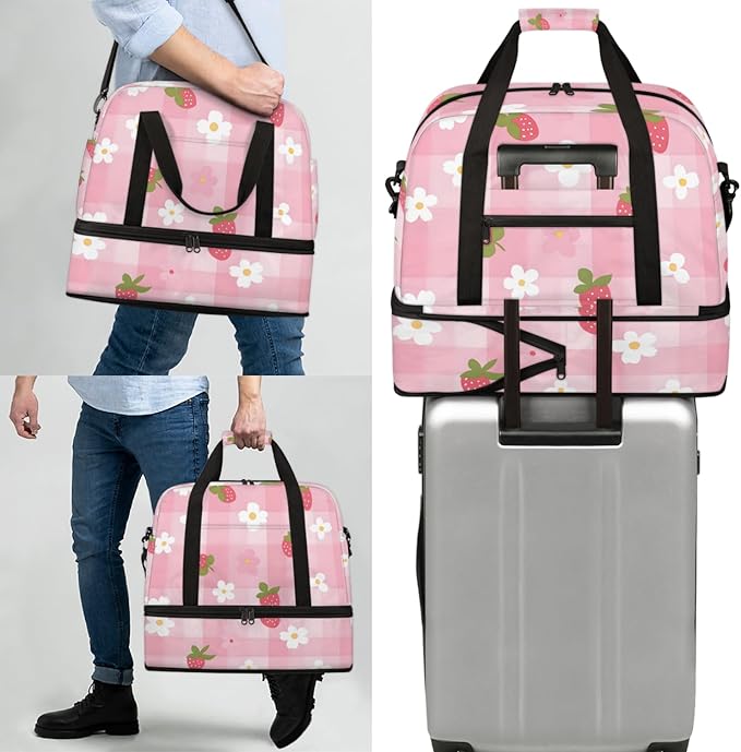 Fruit Strawberry Sports Gym Duffel Bag for Men Women Buffalo Check Floral with Shoe Compartment Weekender Overnight Bags Travel Bag Carry on Backpack for Swim Fitness Workout