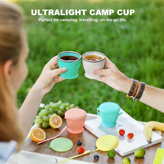 Collapsible Travel Cup, BPA-Free Reusable Water Cup, Lightweight Drinking Cups with Lids and Carrying Strap, Dishwasher Safe Silicone Cups for Camping, Travel, Airports, Hotel (Turquoise)