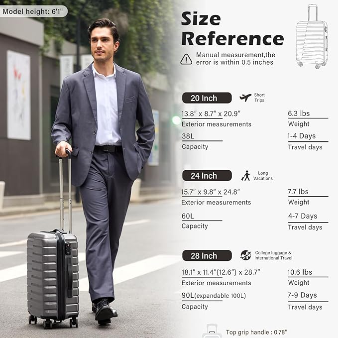 Coolife Expandable Large Checked Luggage with Spinner Wheels, Hard Shell Suitcase TSA Lock Rolling Travel Luggage 28-inch,Gray