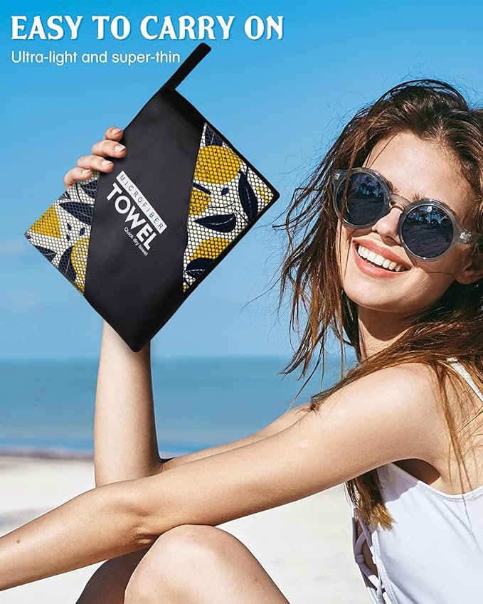 Lemons Pattern Beach Towel Extra Large 36" x 72", Thin Lightweight Microfiber Towels with Fruit Design, Sand Free and Quick Dry, Compact Bag