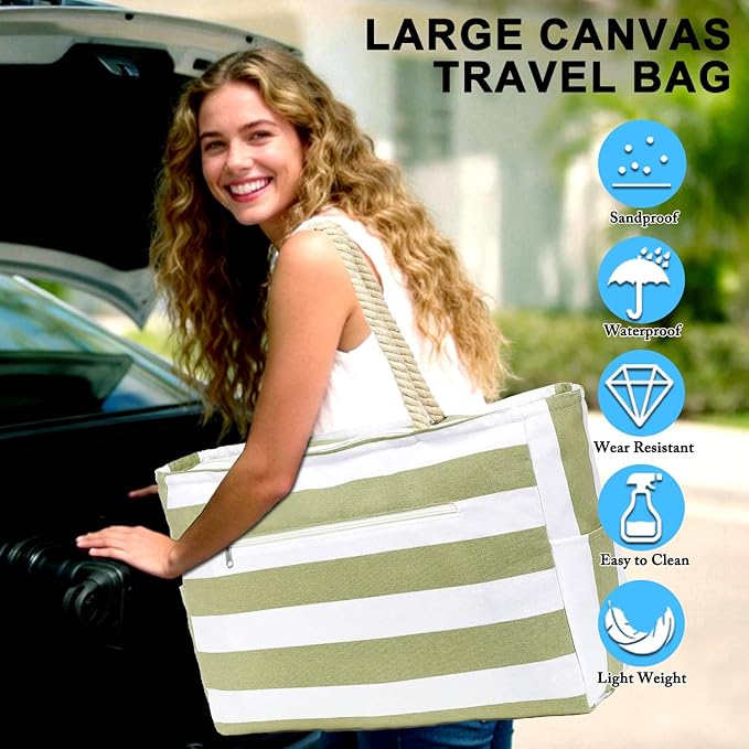 Large Canvas Beach Bag for Women, Beach Bags Waterproof Sandproof with Zipper & Wet Bag Cruise Essentials