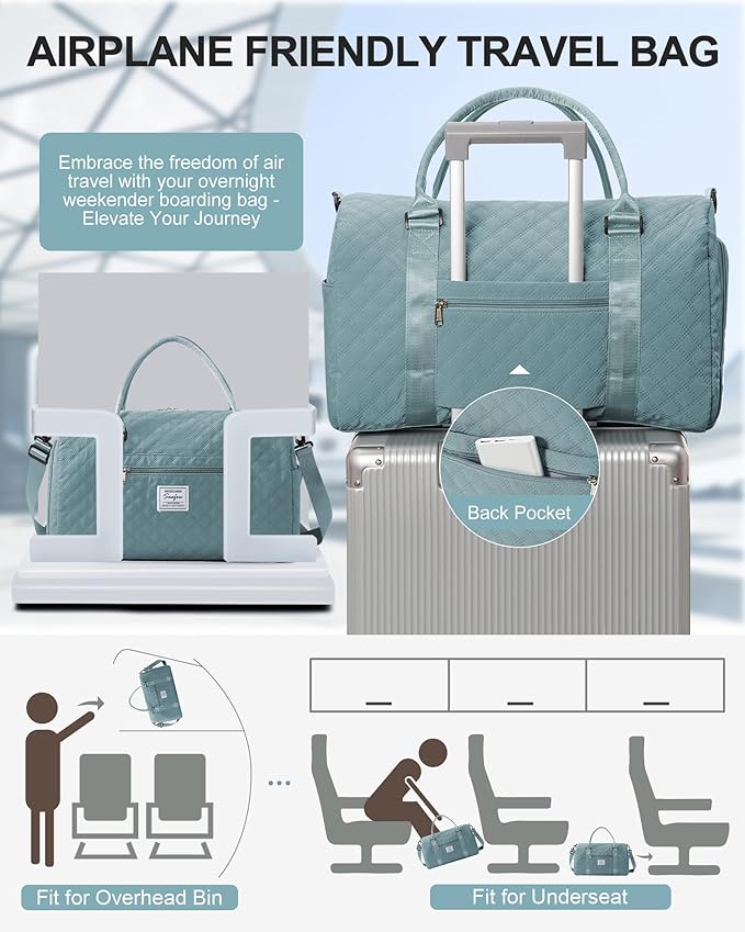 Gym Duffle Bag for Women with Shoe Compartment Waterproof Travel Tote Bags Personal Item Carry On Weekender Overnight Bags with Toiletry Bag Swimming Yoga Bags Hospital Holdalls Light Blue