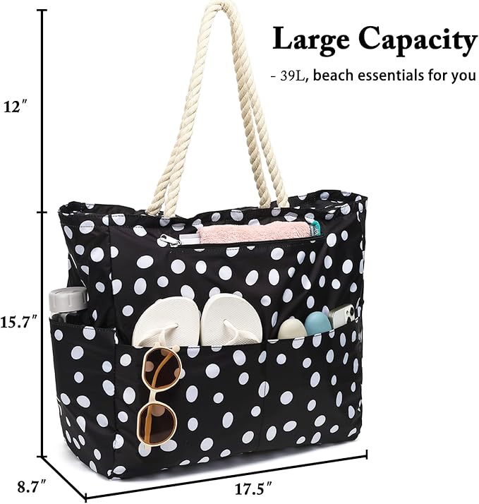 Large Canvas Beach Bag for Women, Beach Bags Waterproof Sandproof with Zipper & Wet Bag Cruise Essentials