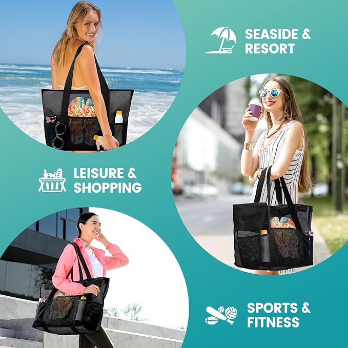 Mesh Beach Bag, Large Bag with Zipper Beach Bags for Women Waterproof Sandproof with 5 Pockets Green