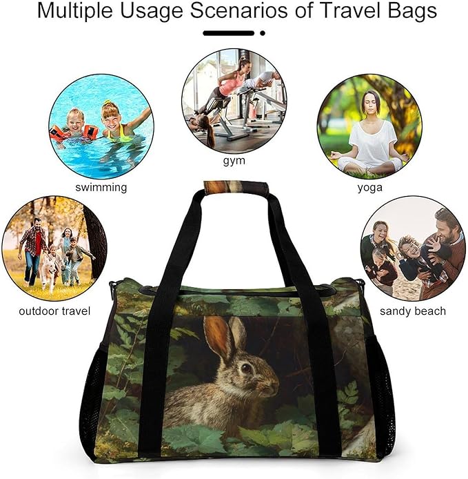 Wild Bunny Forests Leaves Plant Duffle Bag Gym Bag for Workout Travel Tote with Detachable Straps