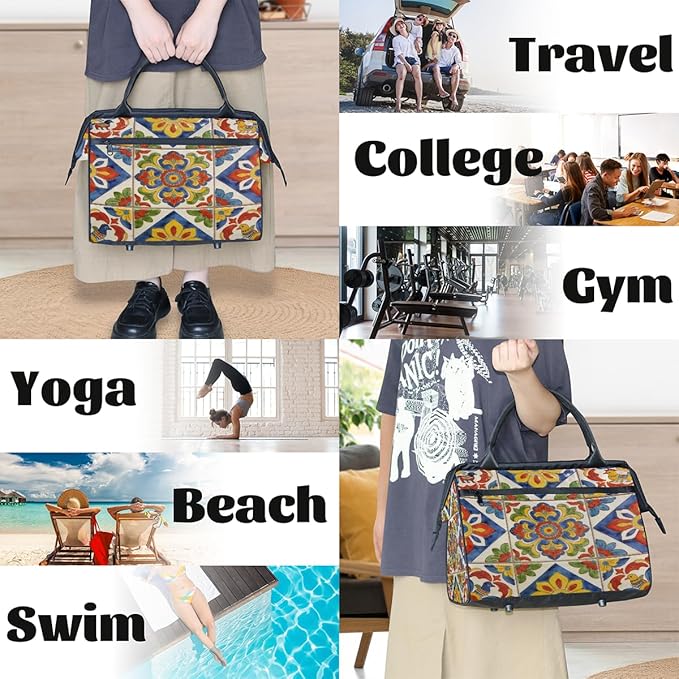 Travel Gym Carrying Bag - Talavera Tile Overnight Weekender Bag for Women Men Girls - Shoulder Large Capacity Tote Bag for Travel, Yoga, School,Mommy Hospital Bag for Labor and Delivery