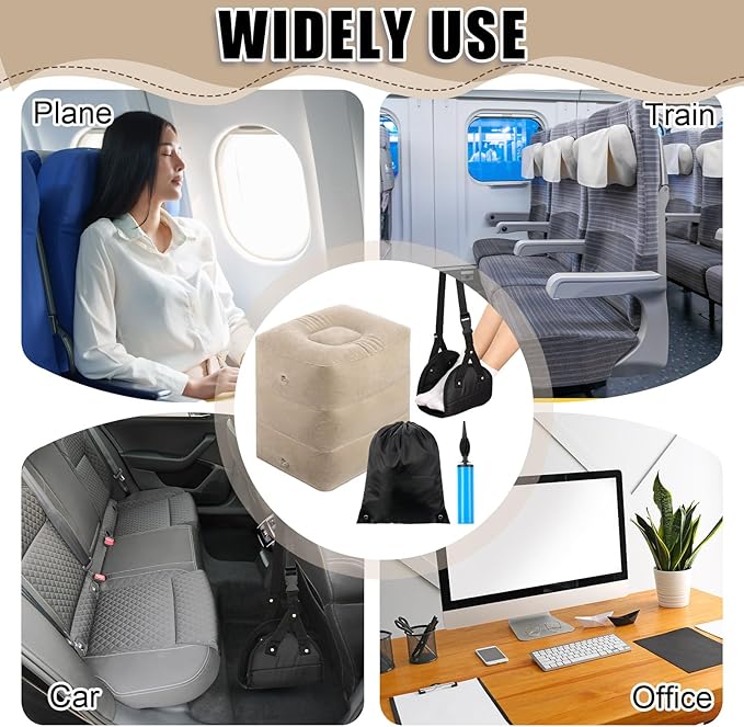 2 Pcs Inflatable Foot Rest Pillow, 2 in 1 Airplane Foot Hammock for Travel, Adjustable 3 Layers Leg Rest Pillow with Pump and Storage Bag Portable for Flights Comfort, Travel Accessories