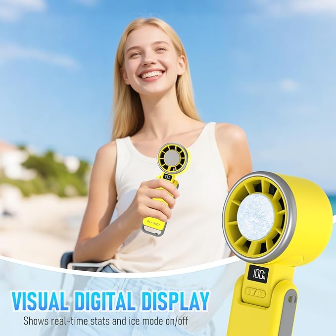Portable Handheld Turbo Fan with Ice Cooling, Rechargeable Personal Fan, Up tp 12Hrs Cooling, 5 Speed 25550RPM Powerful Portable Fan for Travel, Outdoor, Camping, Hiking (Yellow)