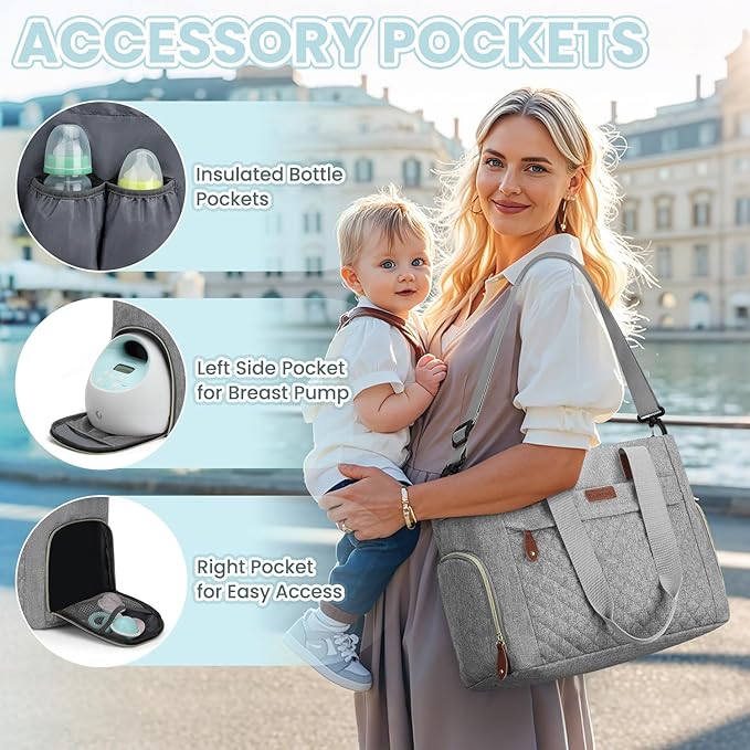 Diaper Bag Tote for Working Mom, Large Travel Diaper Tote for Mom and Dad with 14 Inch Laptop Sleeve, Mommy Maternity Travel Baby Bag for Boys and Girls, Grey