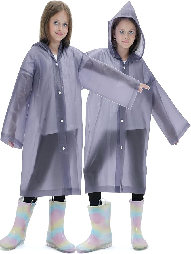 2 Pack Raincoats for Kids, Reusable Rain Ponchos with Hood and Sleeves Rain Coats for Boys and Girls