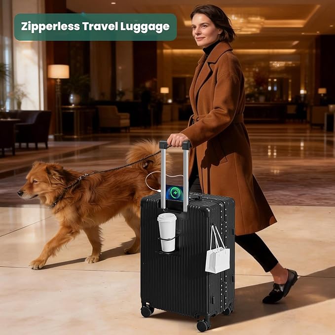 24-Inch Aluminum Frame Checked Luggage, Expandable Hard Shell Spinner Suitcase with Front-Open Pocket, USB Port, Phone Holder & Cup Holder for Men & Women Travel, Black