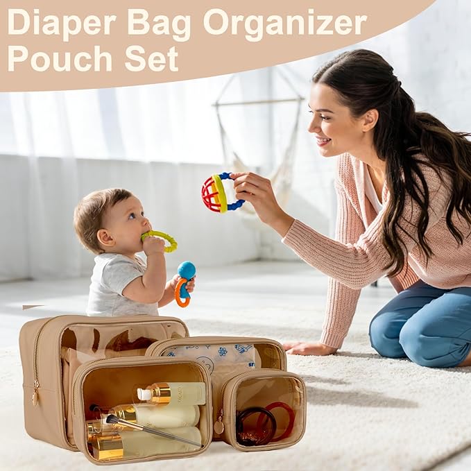 3PCS Clear Makeup Bag Set, Waterproof TPU Purse Organizer Pouches, TSA Approved Toiletry Bag, Diaper Bag Organizer Pouch, Travel Organizer Bags for Women and Kids