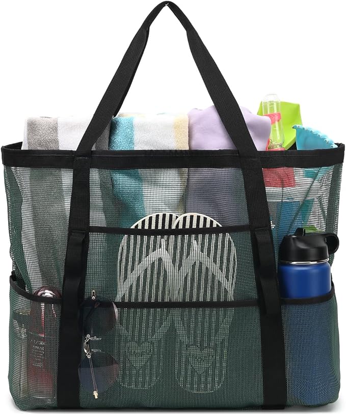 Mesh Beach Bag, Large Beach Tote with Zipper Pocket, Toys Pool Bag for Family Travel Vacation Cruise Essentials