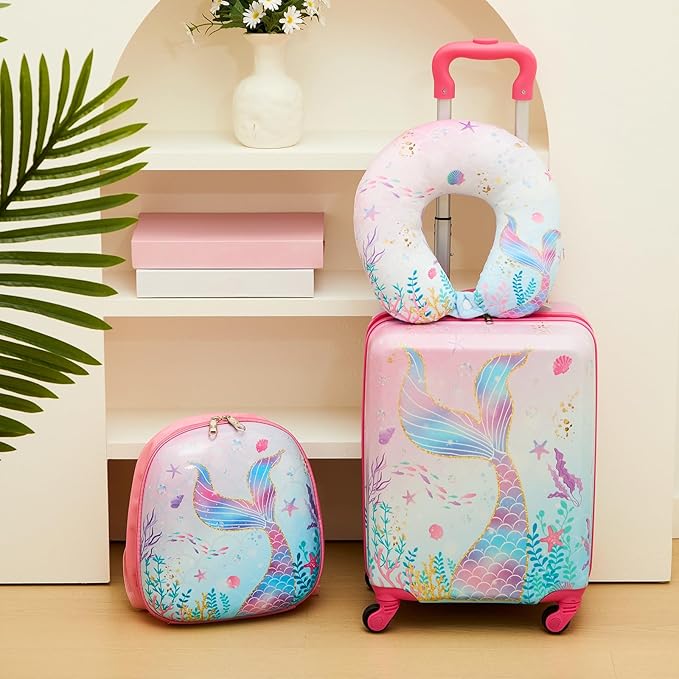 Sanwuta 4 Pcs Kids Luggage Set Rolling Suitcase Backpack U-shaped Pillow Kids Carry On Gift for Summer Travel Family Trip(17 Inch,Mermaid's Tail Style,Blue Purple)