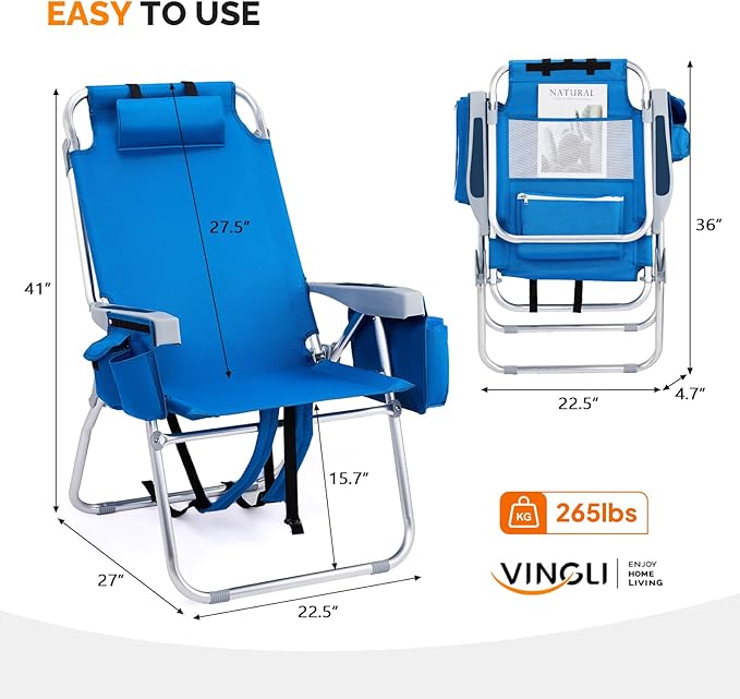 VINGLI Tall Beach Chair 2 Pack Lightweight, Backpack Beach Chair for Adults with 5-Position, Cooler Bag, Cup Holders, Towel Bar, Lightweight Folding Beach Camping Chairs