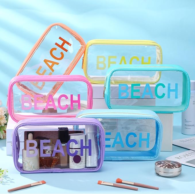 Cunno 6 Pcs Clear Beach Makeup Bag Beach Vacation Essentials Nylon Clear Travel Pouch Cosmetic Sunscreen Bags Swim Pouch Waterproof PVC Organizer Summer Travel Toiletry Case for Women