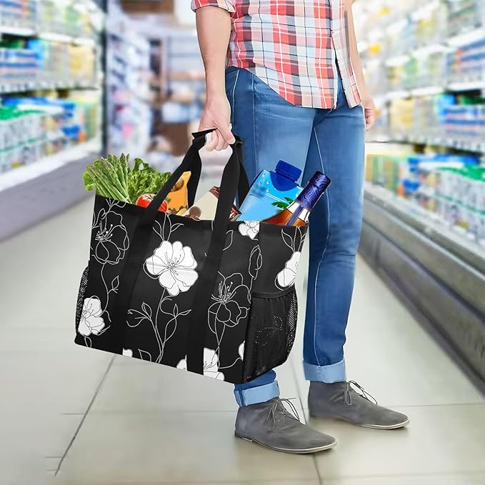 Bolaz Travel Tote Bag,Gym Bag for Men,Waterproof Beach Bag for Women Foldable Reusable-Flower White Leaves