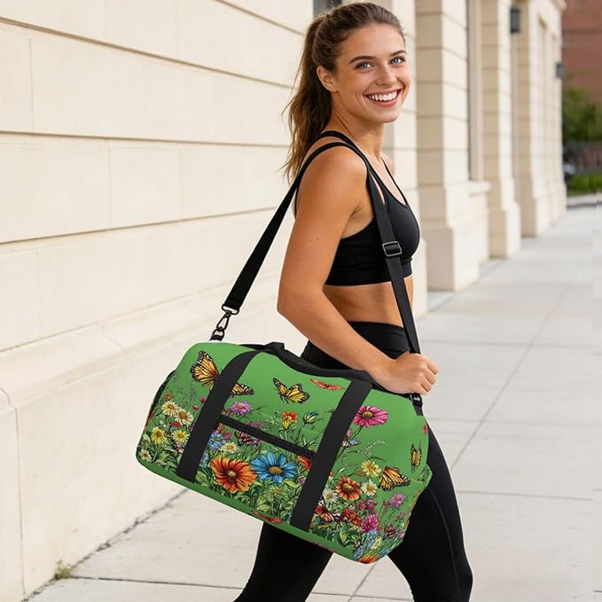 Sports Gym Bag Spring Wildflowers Butterfly Travel Duffel Bag With Shoe Compartment Shoulder Strap, Lightweight Water-Resistant Weekend Overnight Totes For Women Men