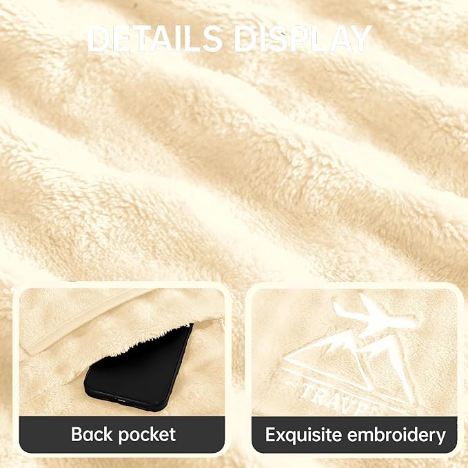 Travel Blanket and Pillow-2-in-1, Ultra-Soft&Compact, Airplane Blanket with Hand Luggage Belt and Backpack Clip,Travelers Accessories Gifts, 61x43 Inches(White)