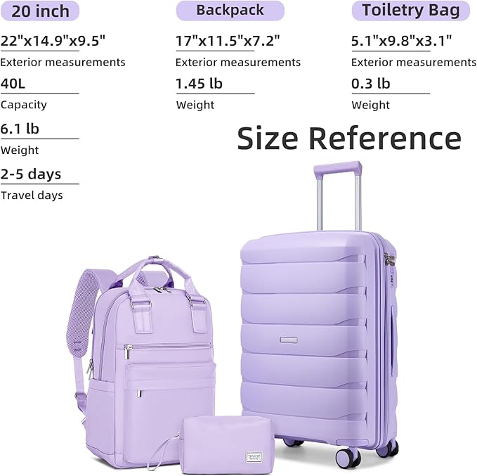 Carry On Luggage 22x14x9 Airline Approved, 22 Inch PP Hardshell Luggage Carry-on Suitcase with Spinner Wheels, Carry On Suitcase Set for Women (Lavender)