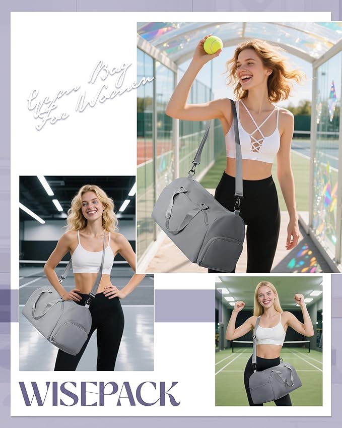 Gym Bag for Women with Shoe Compartment Lightweight Travel Duffle Bags Carry on Bag Overnight Weekender Duffel Bag with Wet Pocket Personal Item Travel Bag Tote Bag Workout Dance Bag Grey