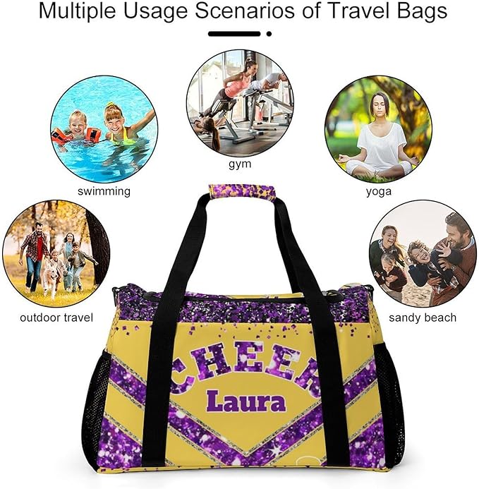 Personalized Cheer Bag Gifts for Girls Sport Cheerleading Gym Travel Duffel Bag Overnight Weekender Bags with Name (Yellow Purple)