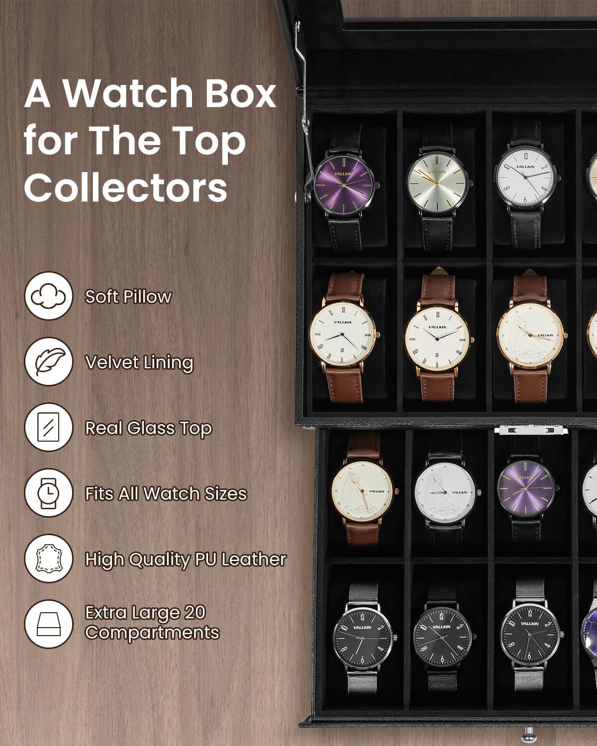 Uten 20-Slot Watch Box, 2-Layers PU Leather Watch Case with Glass Lid, Watch Holder Organizer with Soft Pillow and Velvet Lining, Watch and Jewelry Storage Box, Black