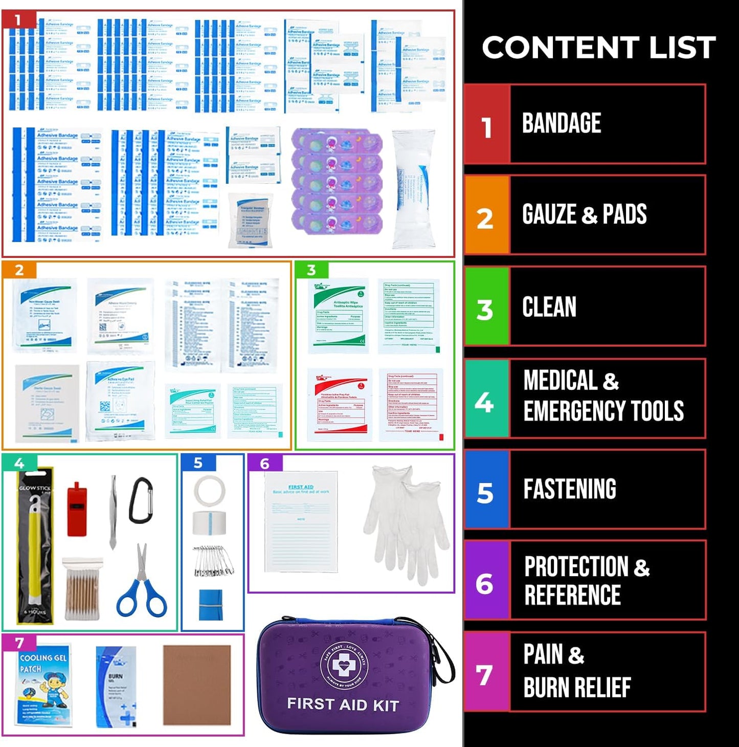 Premium First Aid Kit - 305 Piece Dual-Color Emergency Kit with Hard Shell & Fluorescent Interior Coating, Compact Survival Kit for Home, Car, Travel, Hiking & Outdoor(Blue/Purple)
