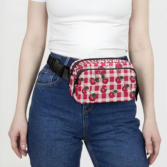 Cherry Red Checkered Plaid Fanny Pack for Women Men Water Resistant Fashion Waist Packs with Adjustable Strap Belt Bag for Travel Workout Jogging Hiking 21219406