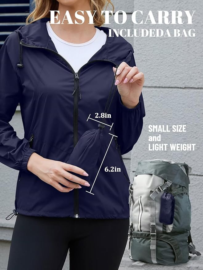 PITINAN Lightweight Rain Jacket Women Packable Wind Breaker Light Rain Jacket Women Waterproof Travel Raincoat S-XXL