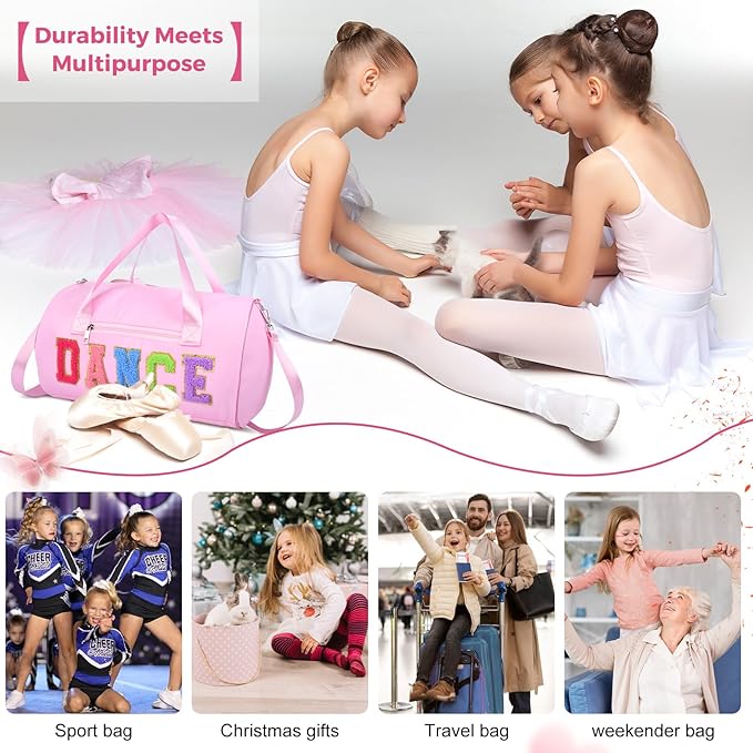Dance Bag for Girls, KUIRAN 23L Travel Duffel Bag with Colorful Chenille Letter, Lightweight Small Gym Sport Ballet Weekender Bag with Large Main Compartment - Baby Pink
