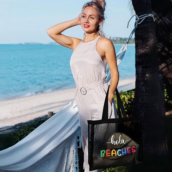 30L Large Beach Bag with Pouch Foldable Sandproof Lightweight Mesh Tote Bag with Two Pockets for Swimming Travel
