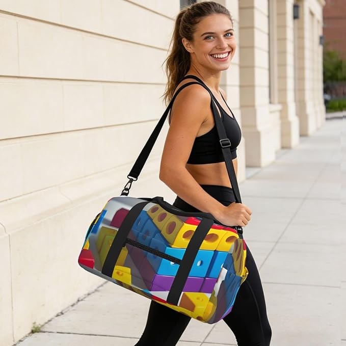 Colorful Building Blocks Print Gym Bag with Shoe Compartment for Women Men, 17.7in Sports Duffle Weekender Tote, Overnight Travel Duffel Bag Carry On